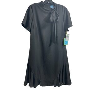 CeCe NWT Bow Neck Short Sleeve‎ Crepe Shift Dress in Rich Black Sz US6 MSRP$129